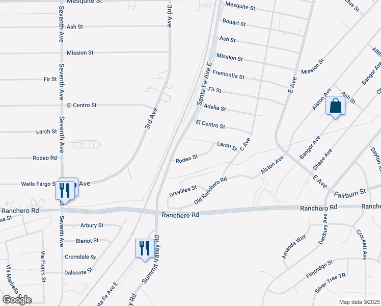 map of restaurants, bars, coffee shops, grocery stores, and more near 16230 Rodeo Street in Hesperia