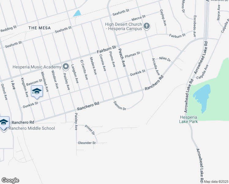 map of restaurants, bars, coffee shops, grocery stores, and more near 7477 Corona Avenue in Hesperia