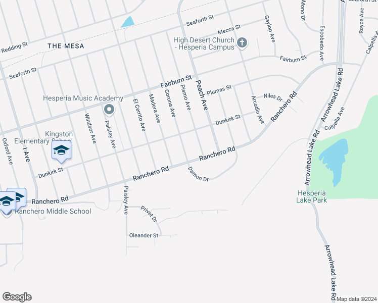 map of restaurants, bars, coffee shops, grocery stores, and more near 7477 Corona Avenue in Hesperia