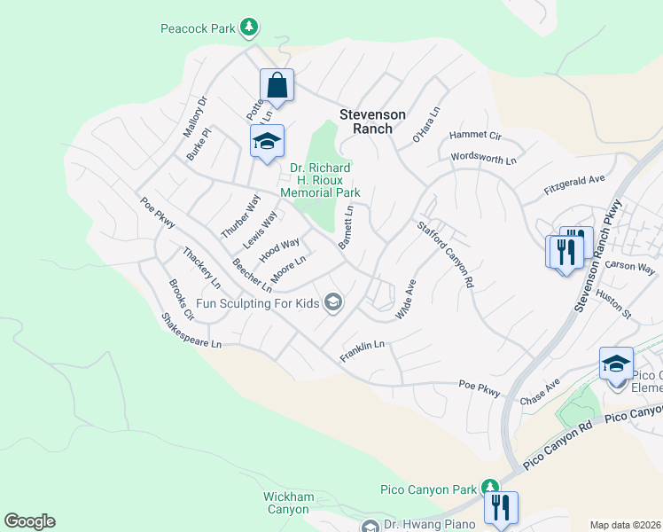 map of restaurants, bars, coffee shops, grocery stores, and more near 26121 Beecher Lane in Stevenson Ranch