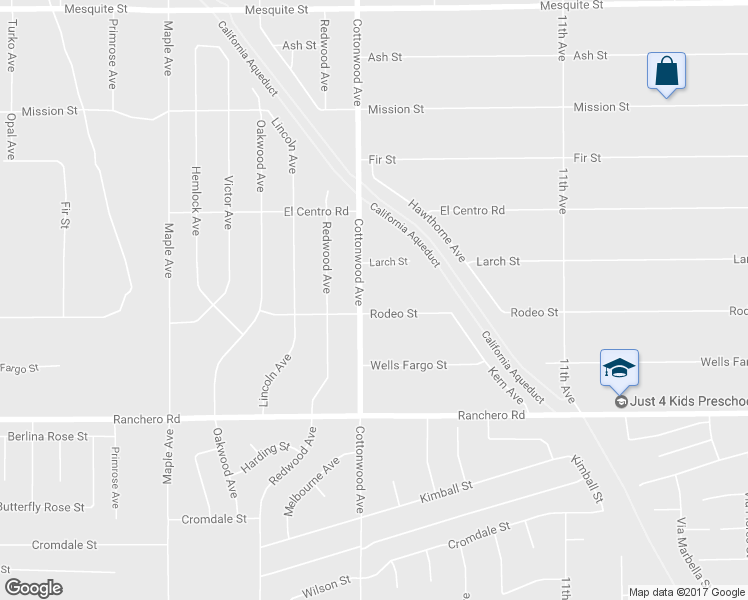map of restaurants, bars, coffee shops, grocery stores, and more near 14924 Rodeo Street in Hesperia