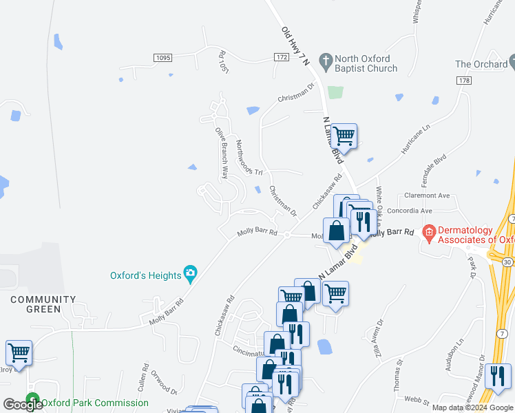 map of restaurants, bars, coffee shops, grocery stores, and more near 206 Town Center Drive in Oxford