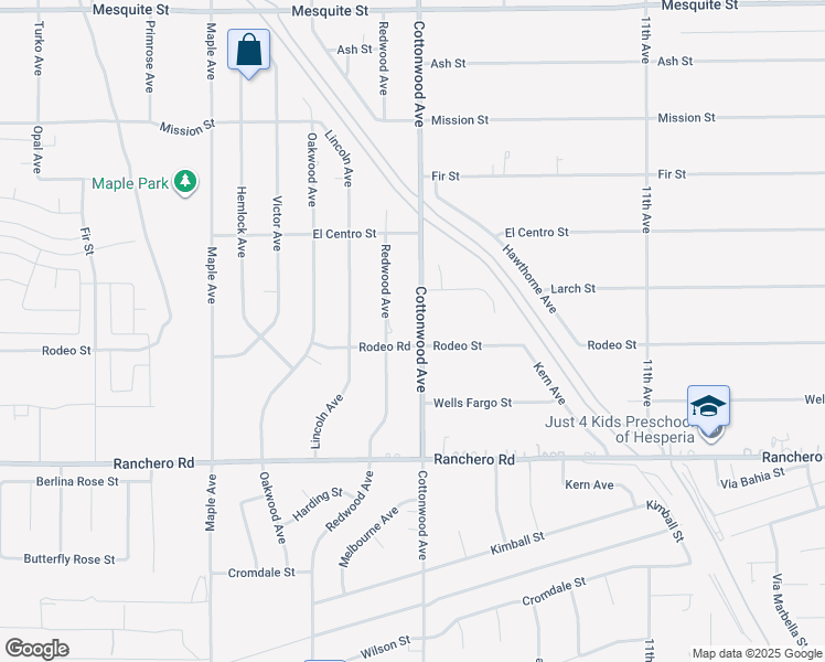 map of restaurants, bars, coffee shops, grocery stores, and more near 7527 Redwood Avenue in Hesperia