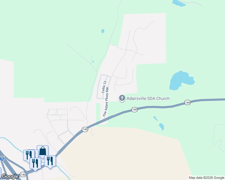 map of restaurants, bars, coffee shops, grocery stores, and more near 30 Blarneystone Way in Adairsville