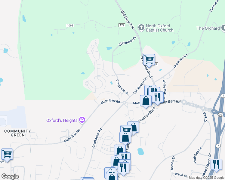 map of restaurants, bars, coffee shops, grocery stores, and more near 206 Town Center Drive in Oxford