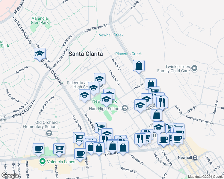 map of restaurants, bars, coffee shops, grocery stores, and more near 24933 Newhall Avenue in Santa Clarita