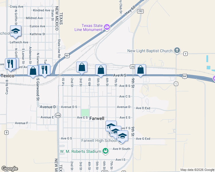 map of restaurants, bars, coffee shops, grocery stores, and more near 198 6th Street in Farwell