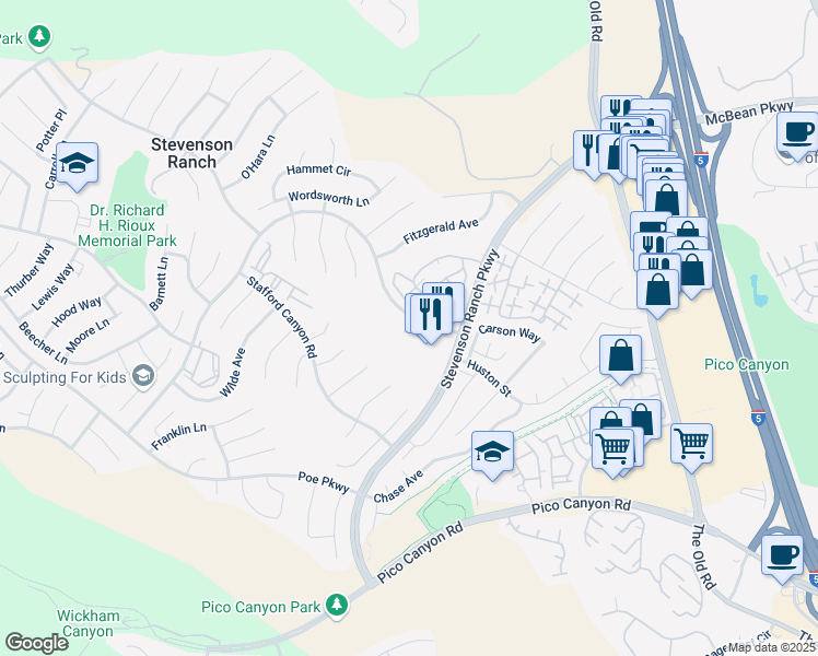 map of restaurants, bars, coffee shops, grocery stores, and more near 25870 Hemingway Avenue in Stevenson Ranch