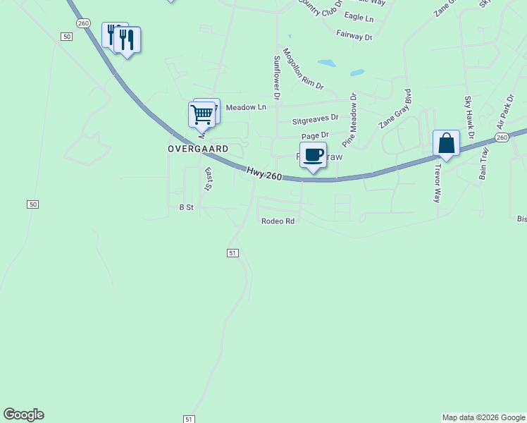 map of restaurants, bars, coffee shops, grocery stores, and more near 2207 Wrangler Way in Navajo County