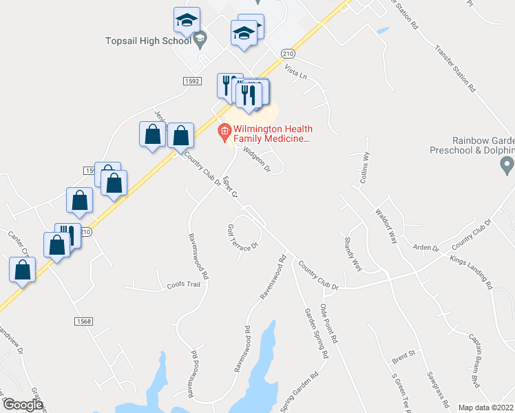 map of restaurants, bars, coffee shops, grocery stores, and more near 323 Sandpiper Lane in Hampstead