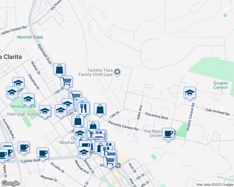 map of restaurants, bars, coffee shops, grocery stores, and more near 24802 Alderbrook Drive in Santa Clarita