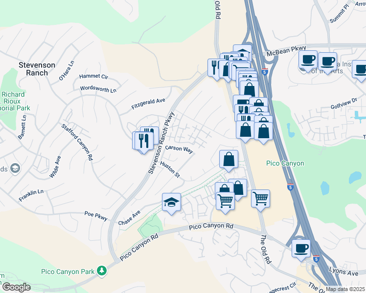 map of restaurants, bars, coffee shops, grocery stores, and more near 25235 Carson Way in Stevenson Ranch