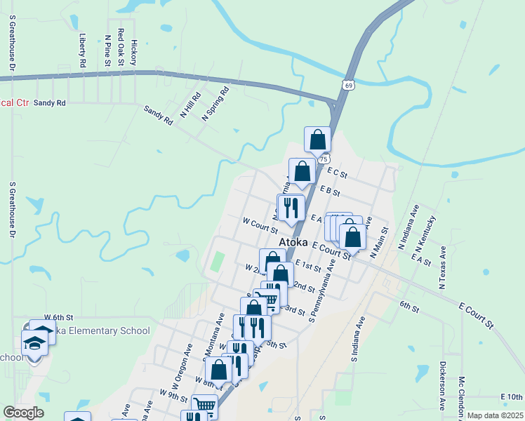 map of restaurants, bars, coffee shops, grocery stores, and more near 109 Montana Avenue in Atoka