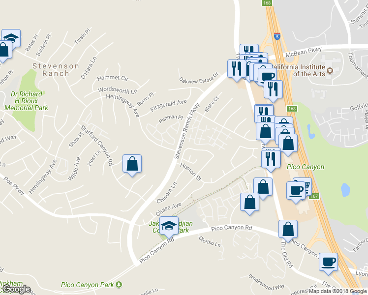map of restaurants, bars, coffee shops, grocery stores, and more near 25323 Carson Way in Stevenson Ranch