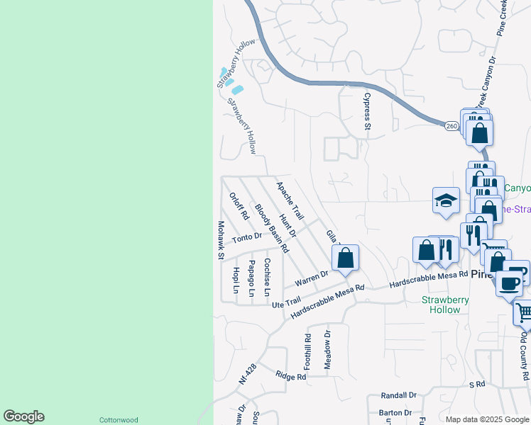 map of restaurants, bars, coffee shops, grocery stores, and more near 3897 Bloody Basin Road in Pine