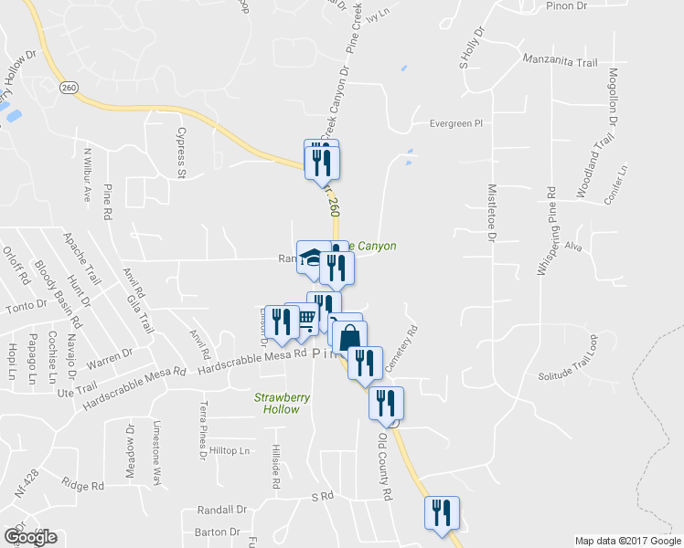 map of restaurants, bars, coffee shops, grocery stores, and more near Highway 260 in Pine