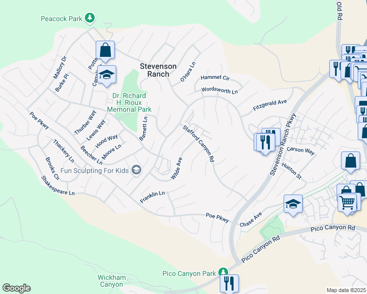 map of restaurants, bars, coffee shops, grocery stores, and more near 25703 Wilde Avenue in Stevenson Ranch