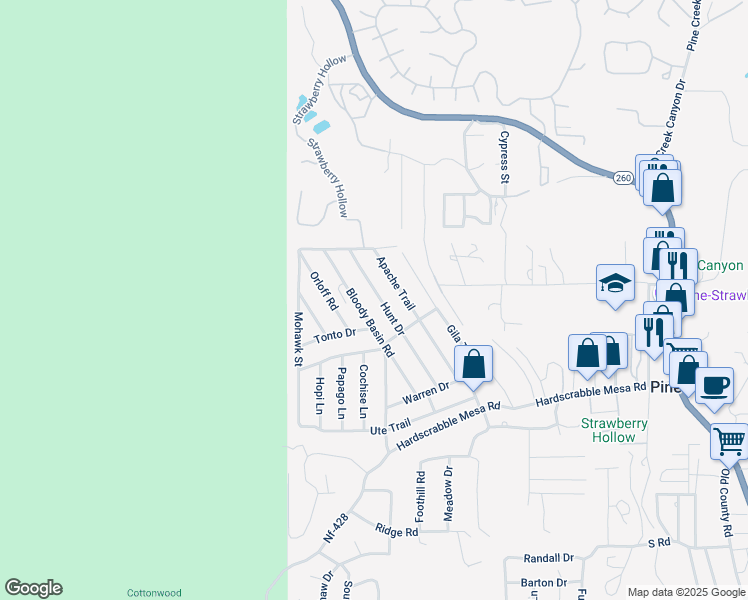 map of restaurants, bars, coffee shops, grocery stores, and more near 3897 Bloody Basin Road in Pine