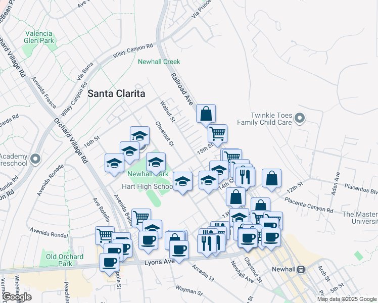 map of restaurants, bars, coffee shops, grocery stores, and more near 24913 Walnut Street in Santa Clarita