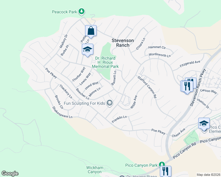 map of restaurants, bars, coffee shops, grocery stores, and more near 26121 Beecher Lane in Stevenson Ranch