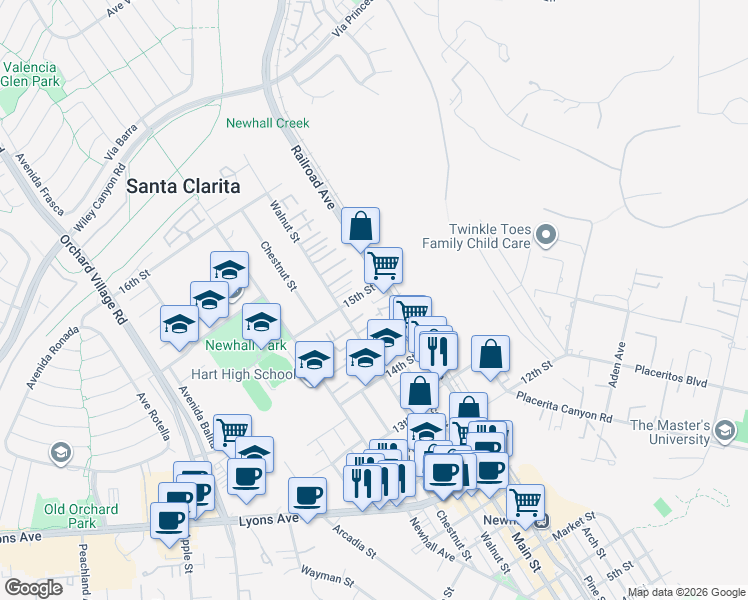 map of restaurants, bars, coffee shops, grocery stores, and more near 24885 Railroad Avenue in Santa Clarita
