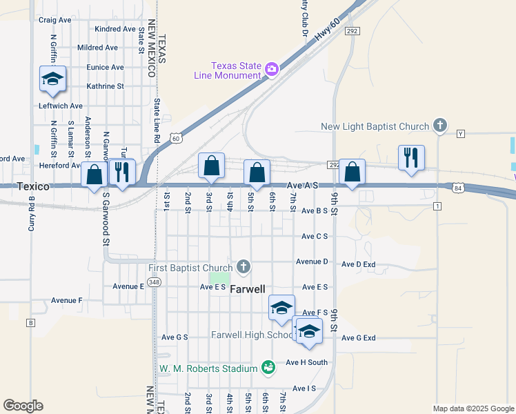 map of restaurants, bars, coffee shops, grocery stores, and more near 510 Avenue B South in Farwell