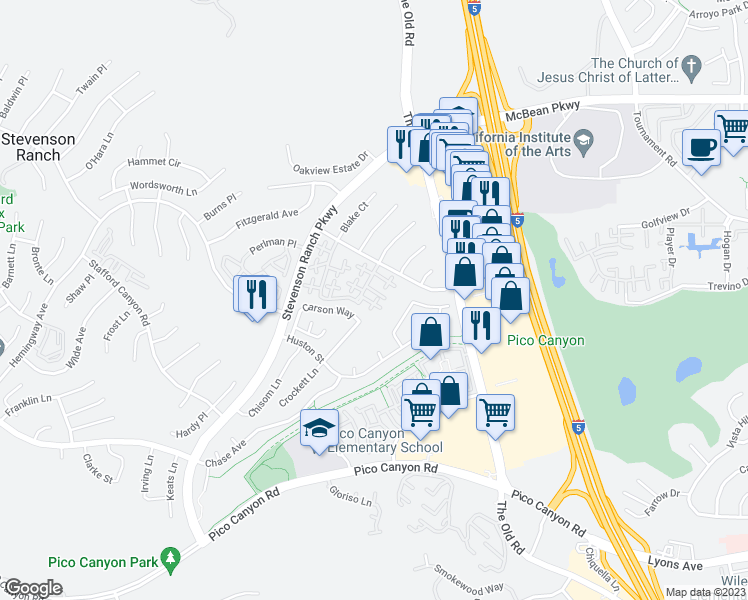 map of restaurants, bars, coffee shops, grocery stores, and more near 25150 Steinbeck Avenue in Stevenson Ranch