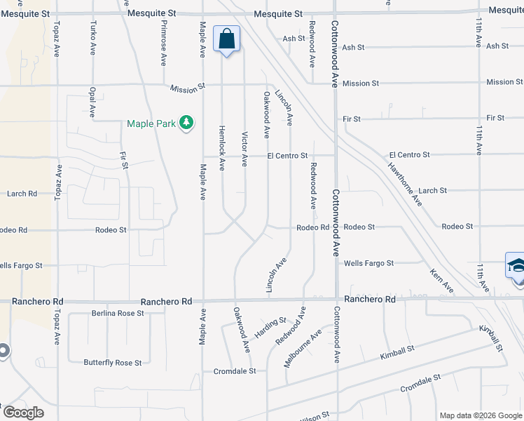 map of restaurants, bars, coffee shops, grocery stores, and more near 7544 Oakwood Avenue in Hesperia