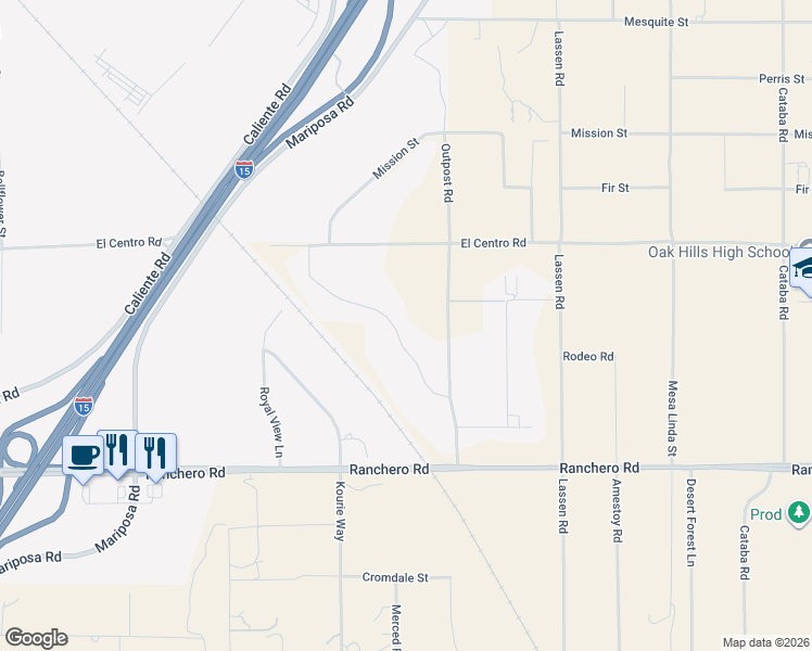 map of restaurants, bars, coffee shops, grocery stores, and more near 12018 Lamplighter Lane in Hesperia