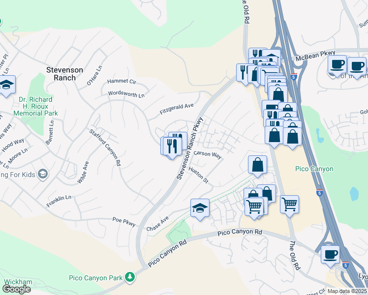 map of restaurants, bars, coffee shops, grocery stores, and more near 25706 Holiday Circle in Stevenson Ranch