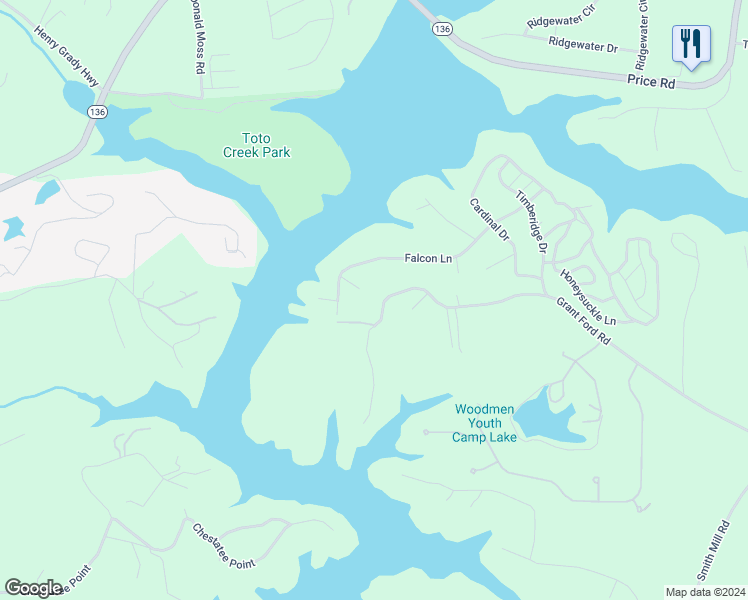 map of restaurants, bars, coffee shops, grocery stores, and more near 6232 Grant Ford Road in Gainesville
