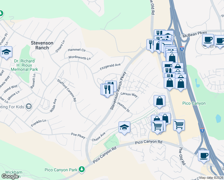 map of restaurants, bars, coffee shops, grocery stores, and more near 25703 Holiday Circle in Stevenson Ranch