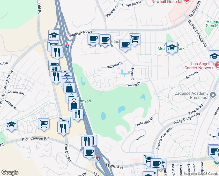 map of restaurants, bars, coffee shops, grocery stores, and more near 24627 Trevino Drive in Santa Clarita