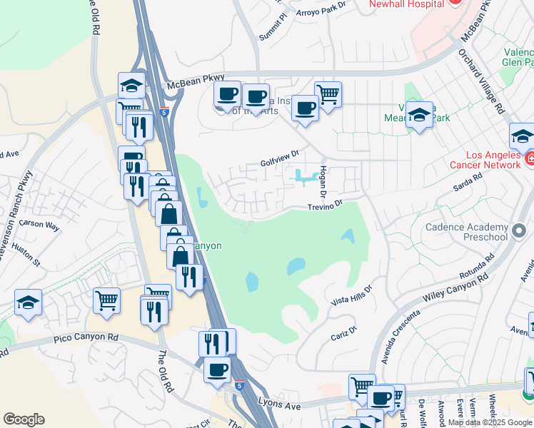 map of restaurants, bars, coffee shops, grocery stores, and more near 24627 Trevino Drive in Santa Clarita