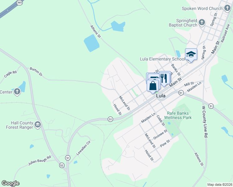 map of restaurants, bars, coffee shops, grocery stores, and more near 5909 McLeod Street in Lula
