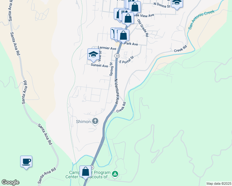 map of restaurants, bars, coffee shops, grocery stores, and more near 145 North Ventura Avenue in Oak View