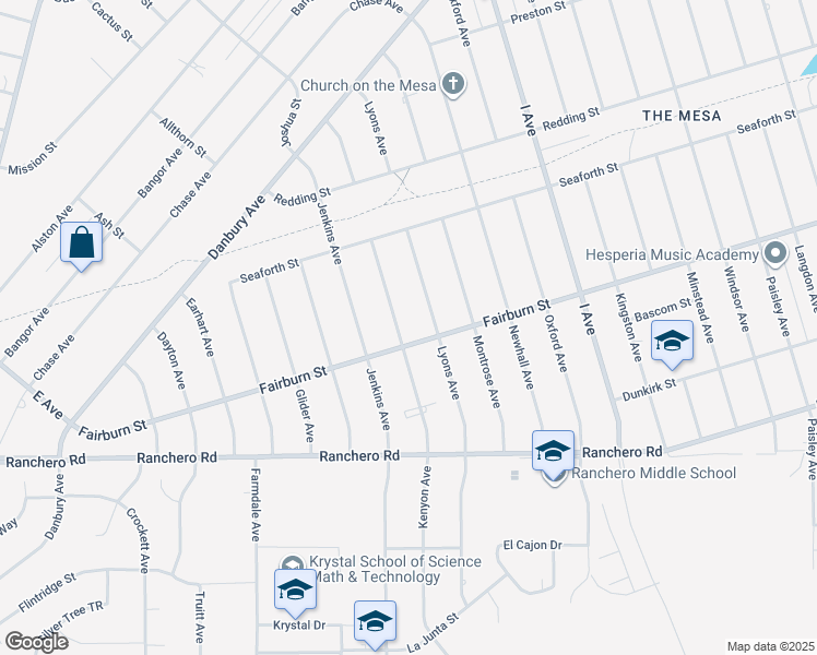 map of restaurants, bars, coffee shops, grocery stores, and more near 7519 Kenyon Avenue in Hesperia