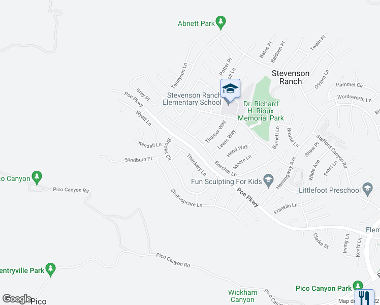 map of restaurants, bars, coffee shops, grocery stores, and more near 26511 Thackery Lane in Stevenson Ranch