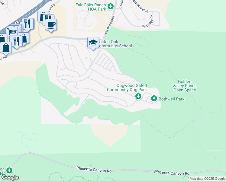 map of restaurants, bars, coffee shops, grocery stores, and more near 18708 Big Cedar Drive in Santa Clarita