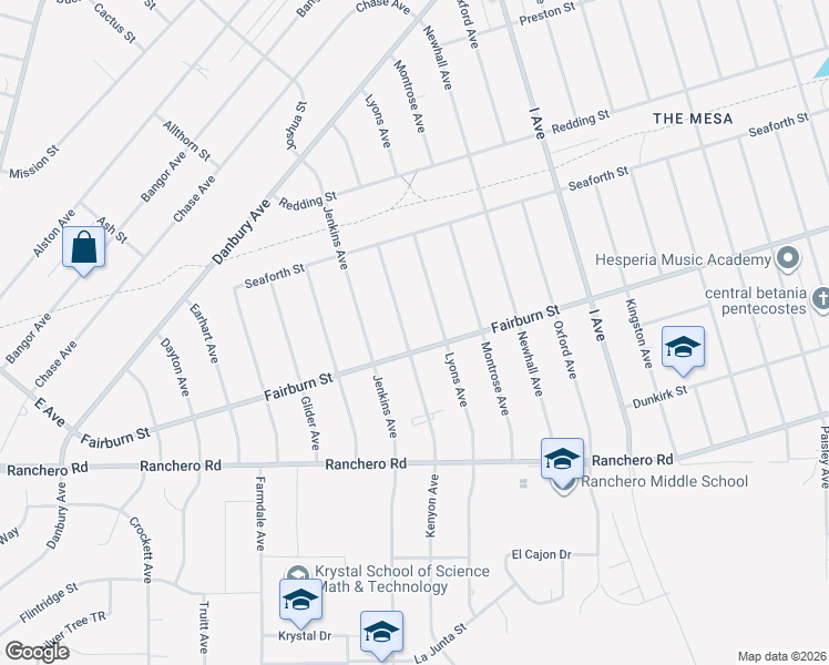map of restaurants, bars, coffee shops, grocery stores, and more near 7519 Kenyon Avenue in Hesperia