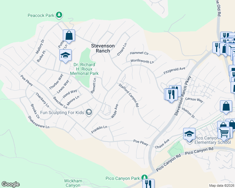 map of restaurants, bars, coffee shops, grocery stores, and more near 25703 Wilde Avenue in Stevenson Ranch