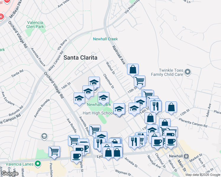 map of restaurants, bars, coffee shops, grocery stores, and more near 24957 Chestnut Street in Santa Clarita