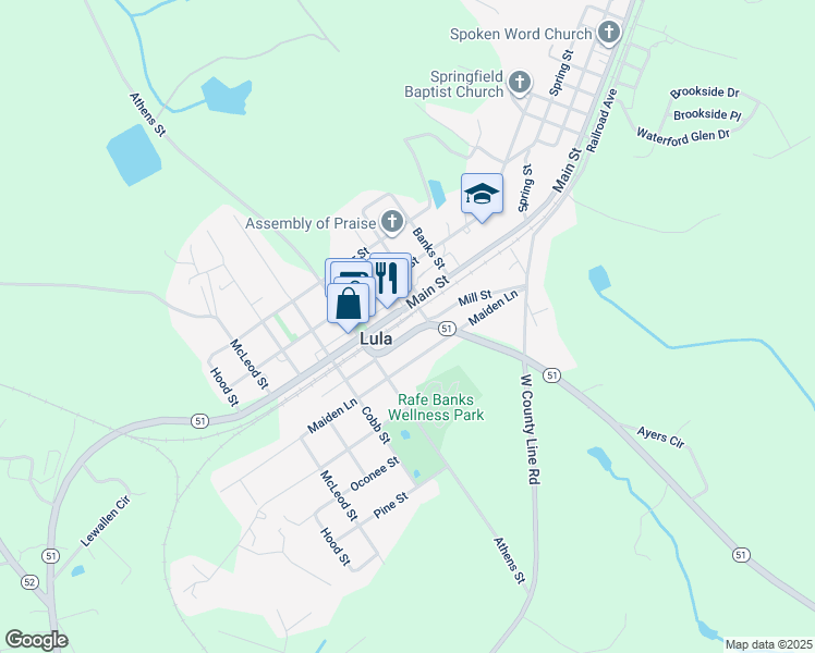 map of restaurants, bars, coffee shops, grocery stores, and more near 5954 Athens Street in Lula