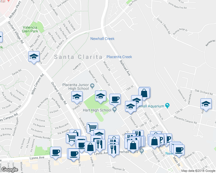 map of restaurants, bars, coffee shops, grocery stores, and more near 24957 Chestnut Street in Santa Clarita