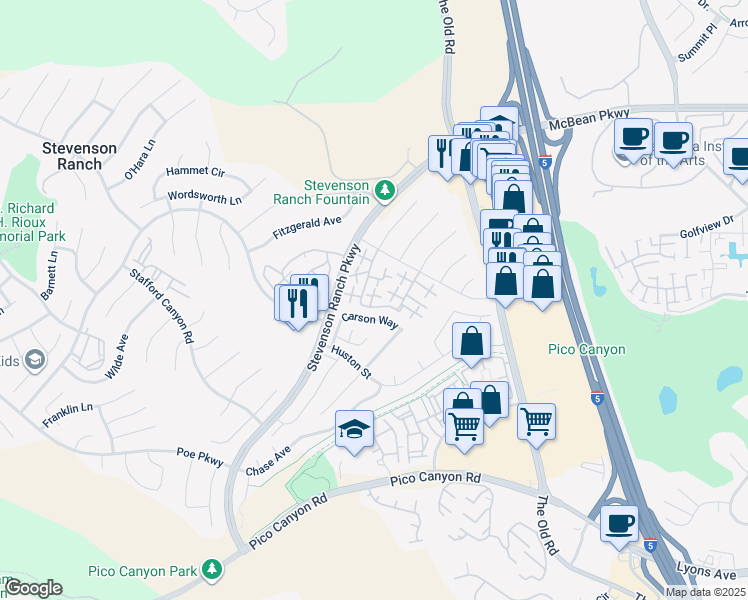 map of restaurants, bars, coffee shops, grocery stores, and more near 25235 Carson Way in Stevenson Ranch