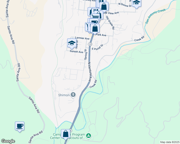 map of restaurants, bars, coffee shops, grocery stores, and more near 11 Creek Lane in Oak View