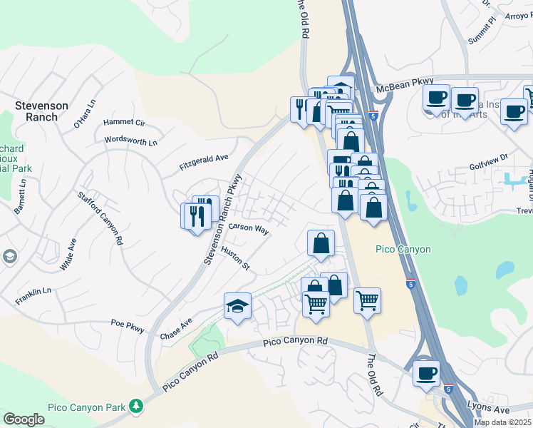 map of restaurants, bars, coffee shops, grocery stores, and more near Steinbeck Avenue in Stevenson Ranch