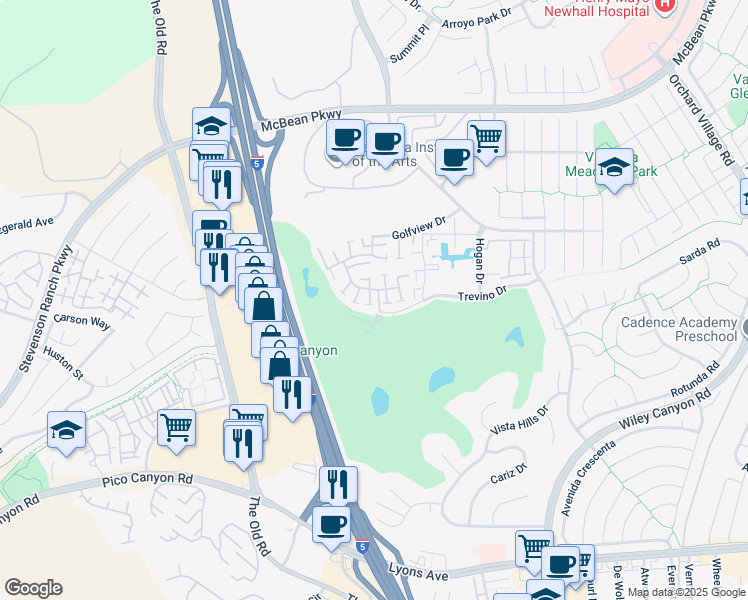map of restaurants, bars, coffee shops, grocery stores, and more near 25713 Vista Fairways Drive in Santa Clarita