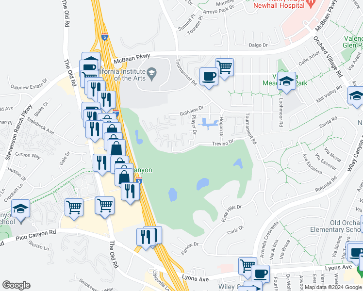 map of restaurants, bars, coffee shops, grocery stores, and more near 24636 Masters Cup Way in Santa Clarita