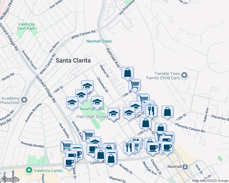 map of restaurants, bars, coffee shops, grocery stores, and more near 24933 Walnut Street in Santa Clarita
